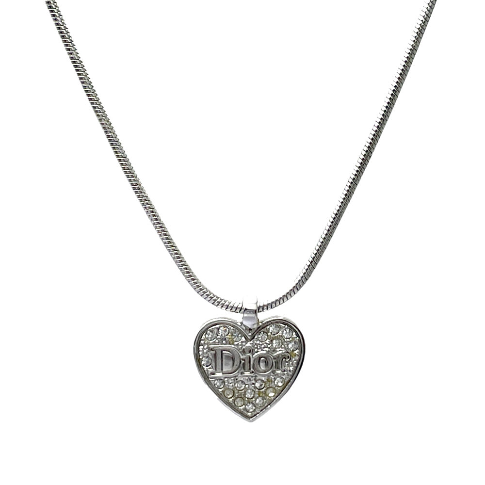 Used B/Standard] Christian Dior Logo Heart Vintage Metal Rhinestone Women's  Necklace Silver 20453306