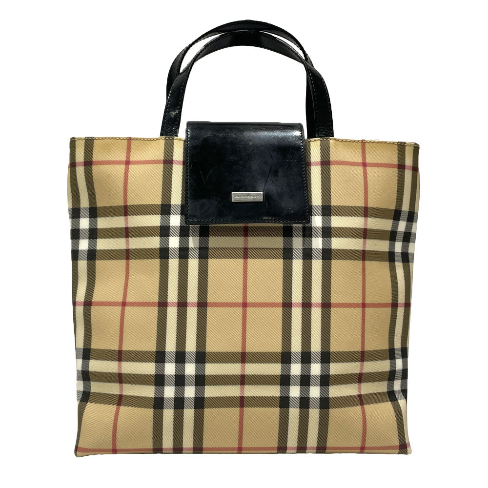 中古B/標準】BURBERRY バーバリー ロゴ プレート チェック レディース トートバッグ ベージュ20472798