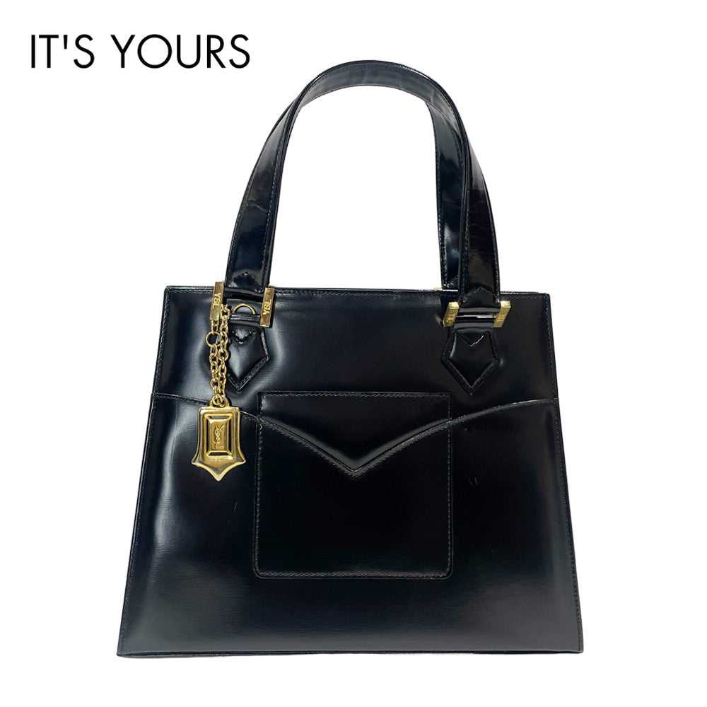 中古AB/使用感小】YVES SAINT LAURENT イヴ・サンローラン ロゴ 金具 チャーム ヴィンテージ レディース ハンドバッグ  ブラック20488141