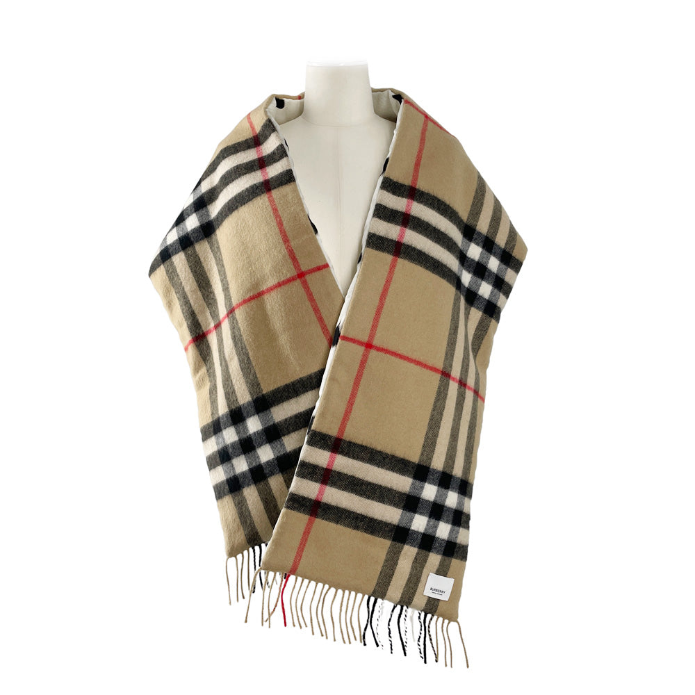 中古A/美品】BURBERRY バーバリー ノバチェック/レオパード ダブルフェイス リバーシブル 総柄 ユニセックス マフラー  ベージュ/ホワイト20490289