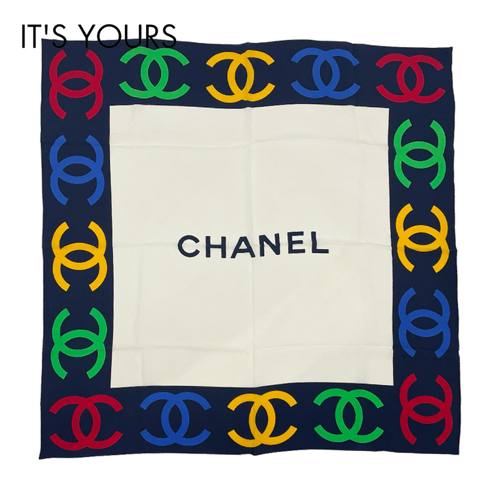 中古A/美品】CHANEL シャネル ヴィンテージ 87cm×84cm ココマーク ロゴ タグ付き ユニセックス スカーフ マルチカラー20496587