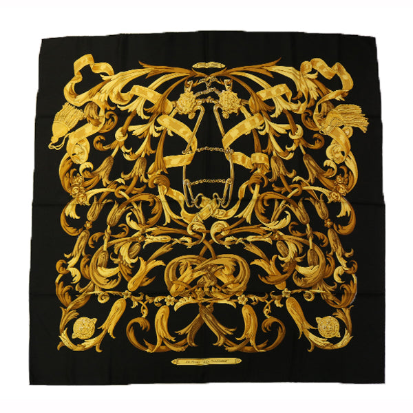 HERMES エルメス カレ90 轡の気品 スカーフ シルク ブラック ゴールド