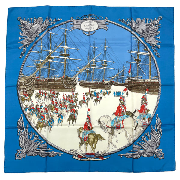 HERMES KARE 90 MARINE ET CAVALERIE Sea and Cavalry Sailing Ship Soldier  Horse Print Scarf Silk Women's [Used AB] 20230316
