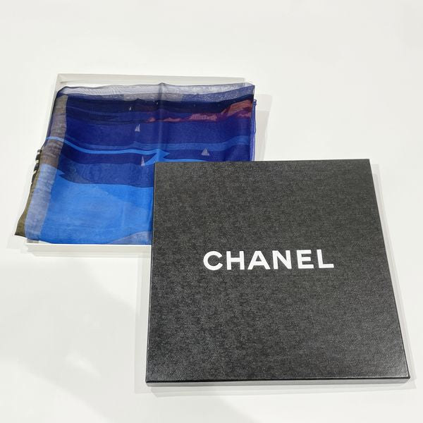 中古AB/使用感小】CHANEL シャネル ロゴ シースルー TRAIN 総柄 レディース スカーフ ブルー系20421594