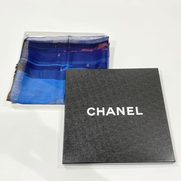 CHANEL Logo See-Through TRAIN All-over Pattern Women's Scarf Blue [Used AB/Slightly Used] 20421594