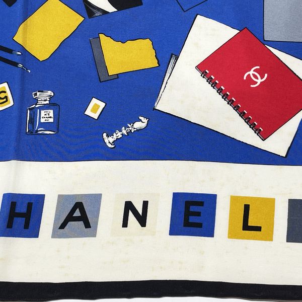 CHANEL Logo Here Mark Letter Book Book All Over Pattern Women's Scarf Blue [Used B/Standard] 20421598