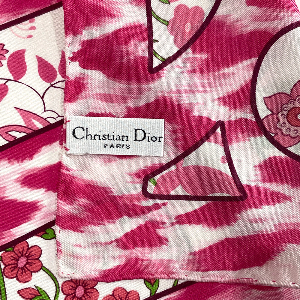 Christian Dior(クリスチャンディオール) 66cm×67cm レオパード ヒョウ柄 ピンク 花柄 スカーフ シルク レディース【中古AB】20240204