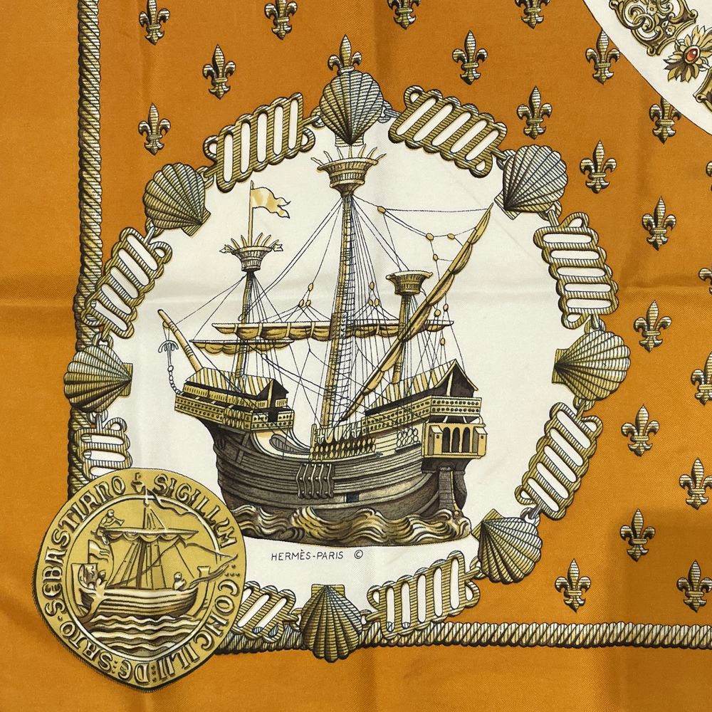 HERMES Carre 90 Large Nefs d'Or Golden Sailing Lily Crest Orange Vintage Scarf Silk Unisex [Used B] 20240204