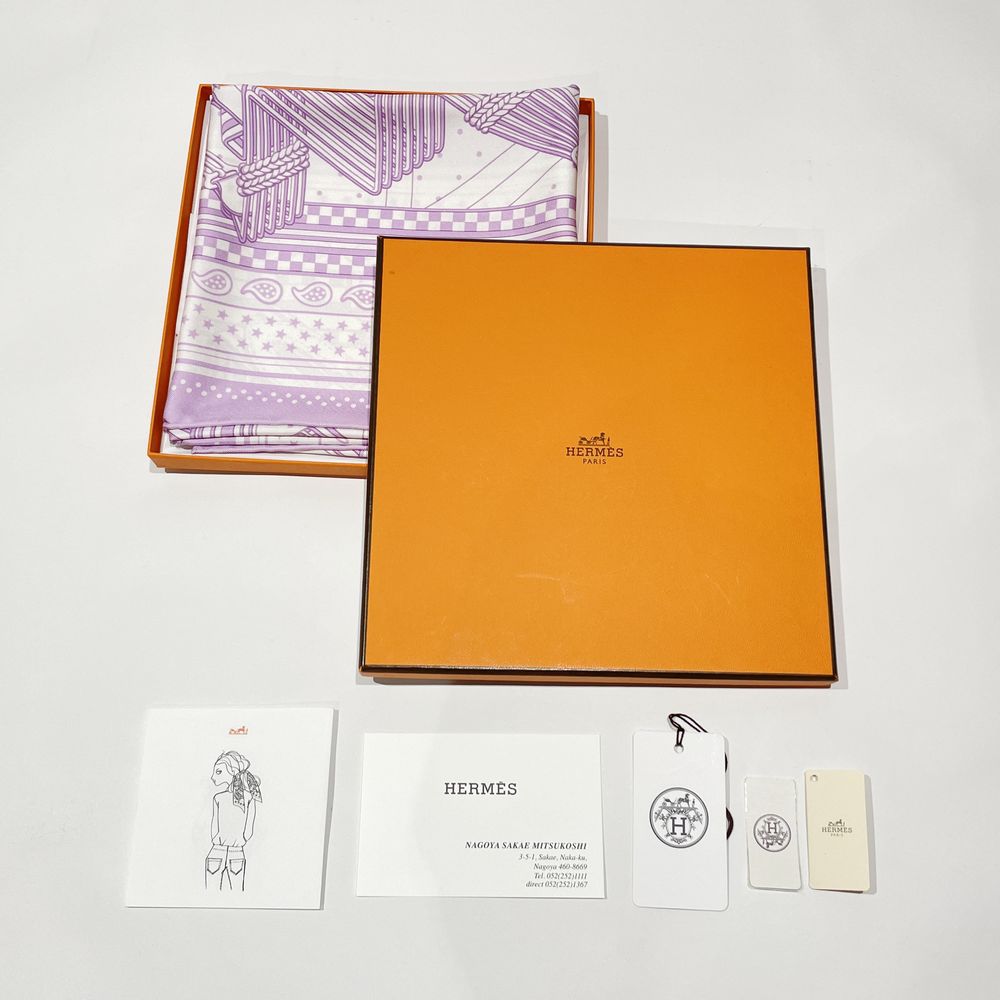 中古A/美品】HERMES エルメス バンダナ55 スカーフ SANGLES EN ZIGZAG ジグザグのサングル パステルカラー 星  ペイズリードット ユニセックス スカーフ20451254