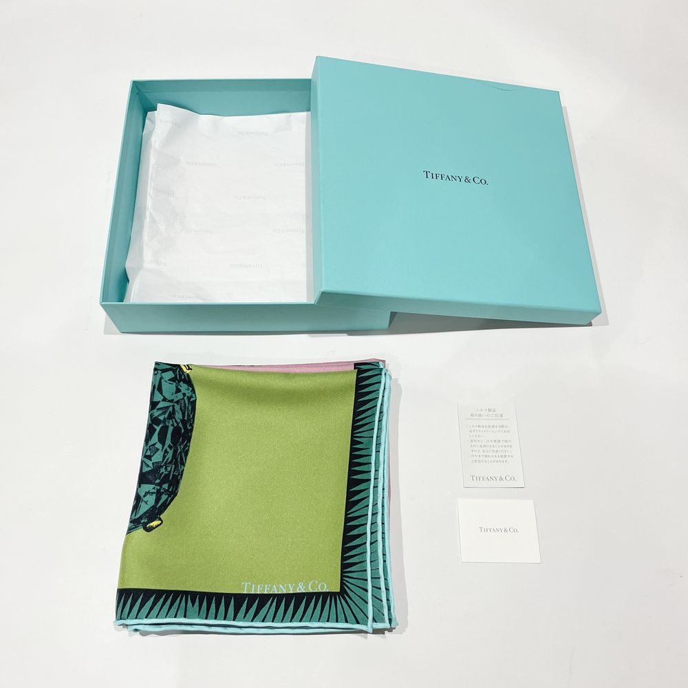 TIFFANY&Co.(ティファニー) スカーフ 67×67 宝石鳥柄 バード オン ア ロック ブローチ 名品 ブルー シルク ユニセックス【中古A】20240210