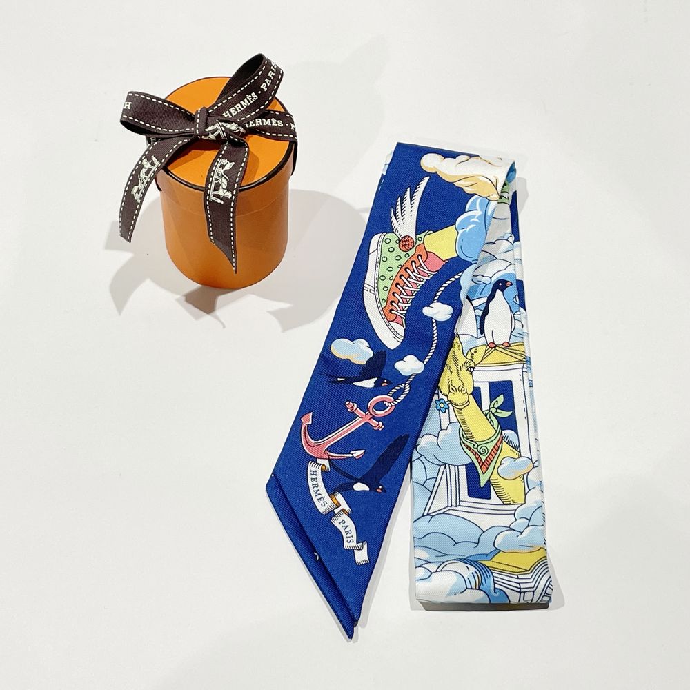 HERMES(エルメス) ツイリー Sur Mon Nuage 私の雲 シルク 22AW ブルー 魚 空 羽 動物 スカーフ シルク ユニセックス【中古AB】20240128