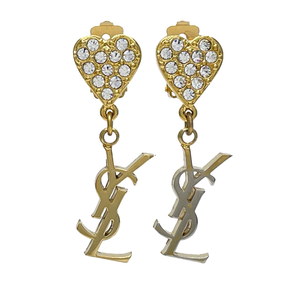 YVES SAINT LAURENT YSL Logo Heart Hook Vintage Earrings GP/Rhinestone Women's [Used B] 20240306