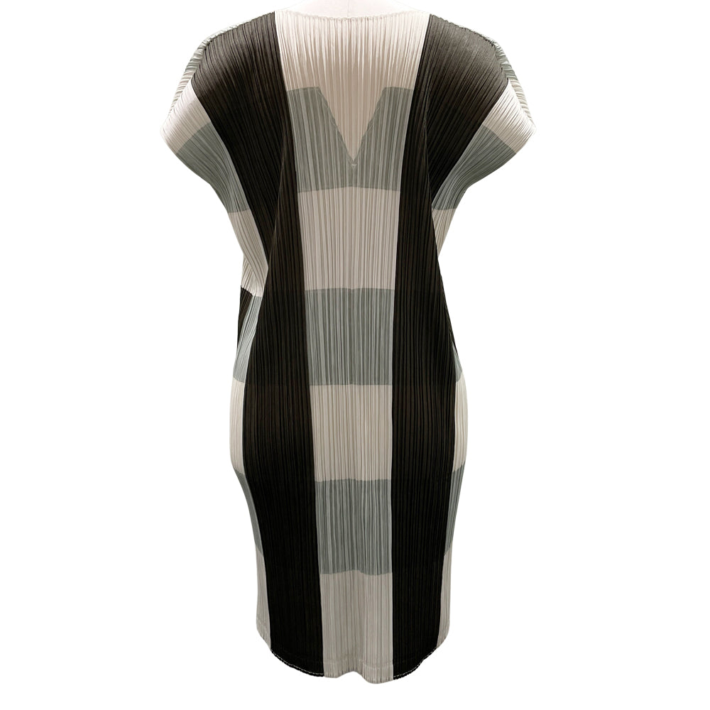 PLEATS PLEASE Issey Miyake V-neck Border Side Slit Tunic Size 3 PP03-JT506 Dress Polyester Women's [Used AB] 20240302