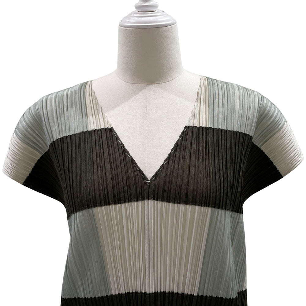 PLEATS PLEASE Issey Miyake V-neck Border Side Slit Tunic Size 3 PP03-JT506 Dress Polyester Women's [Used AB] 20240302