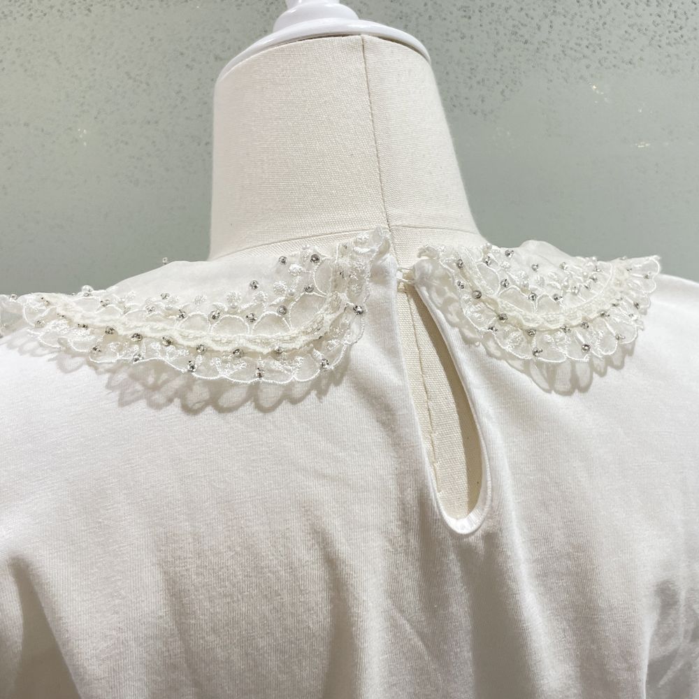 MIUMIU Size XS Round Collar Lace 20 Years Short Sleeve T-Shirt Blouse Ribbon Embroidery Cut and Sewn Wool Women's [Used A]