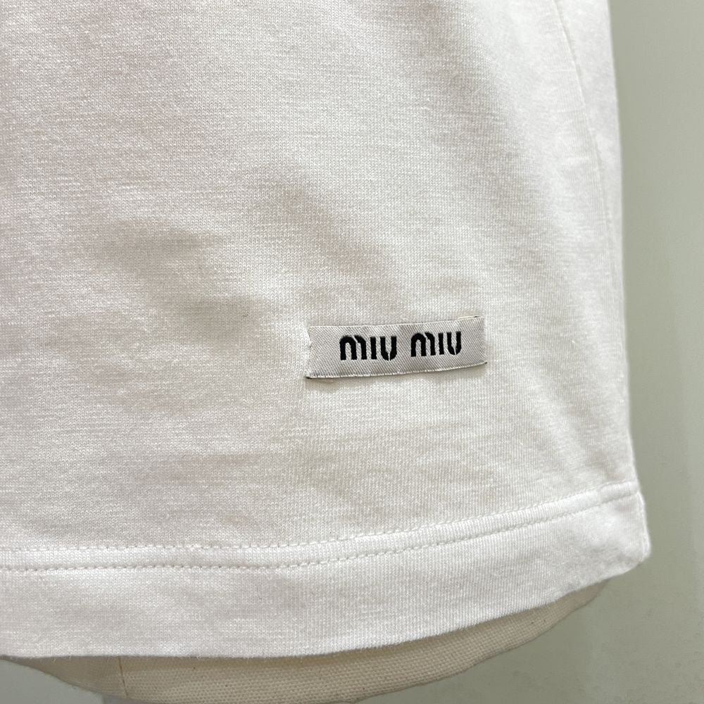 中古A/美品】MIUMIU ミュウミュウ サイズXS 丸襟 レース 20年製 半袖 Tシャツ ブラウス リボン エンブロイダリー レディース  カットソー ホワイト20456663