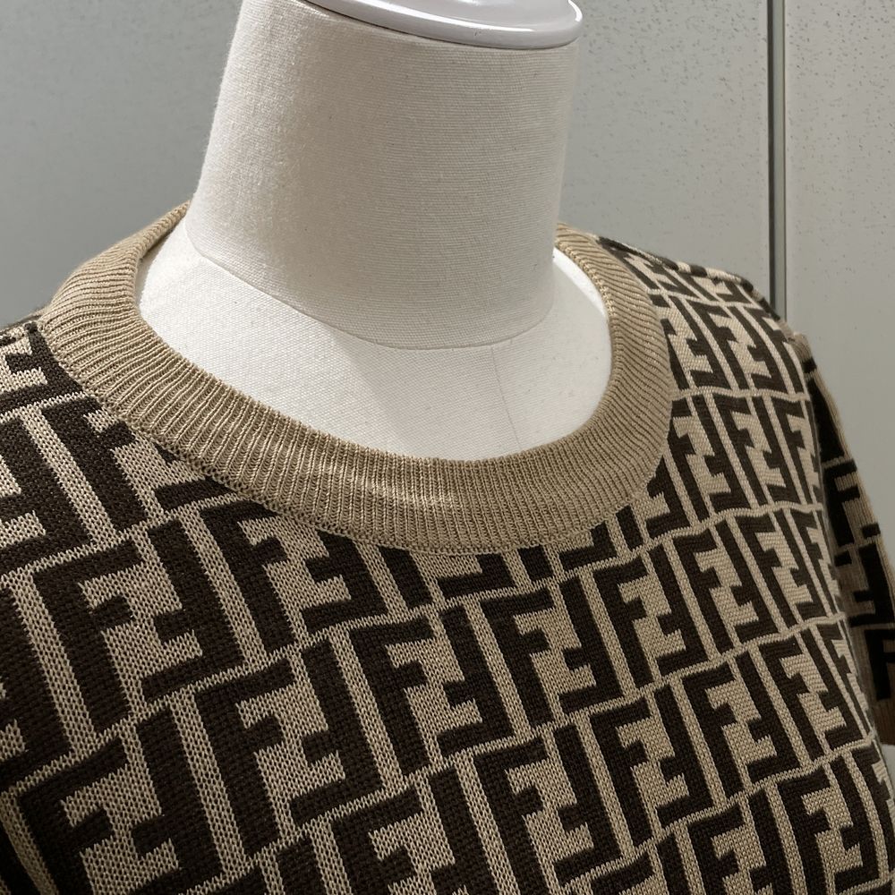 Used AB Slightly used FENDI Zucca knit short sleeve cardigan size M size FF all over pattern ladies ensemble beige x brown 20456664