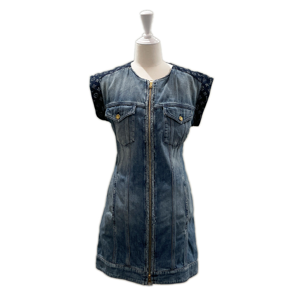 LOUIS VUITTON Monogram Denim Size 34 Blue Jacquard Double Zip Mini Skirt SS13IF Dress Cotton Women's [Used AB] 20240309