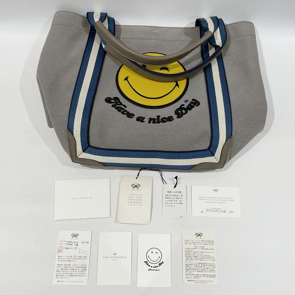 中古A/美品】Anya Hindmarch アニヤ・ハインドマーチ タグ付き スマイリー ウィンク レディース トートバッグ グレー20457841