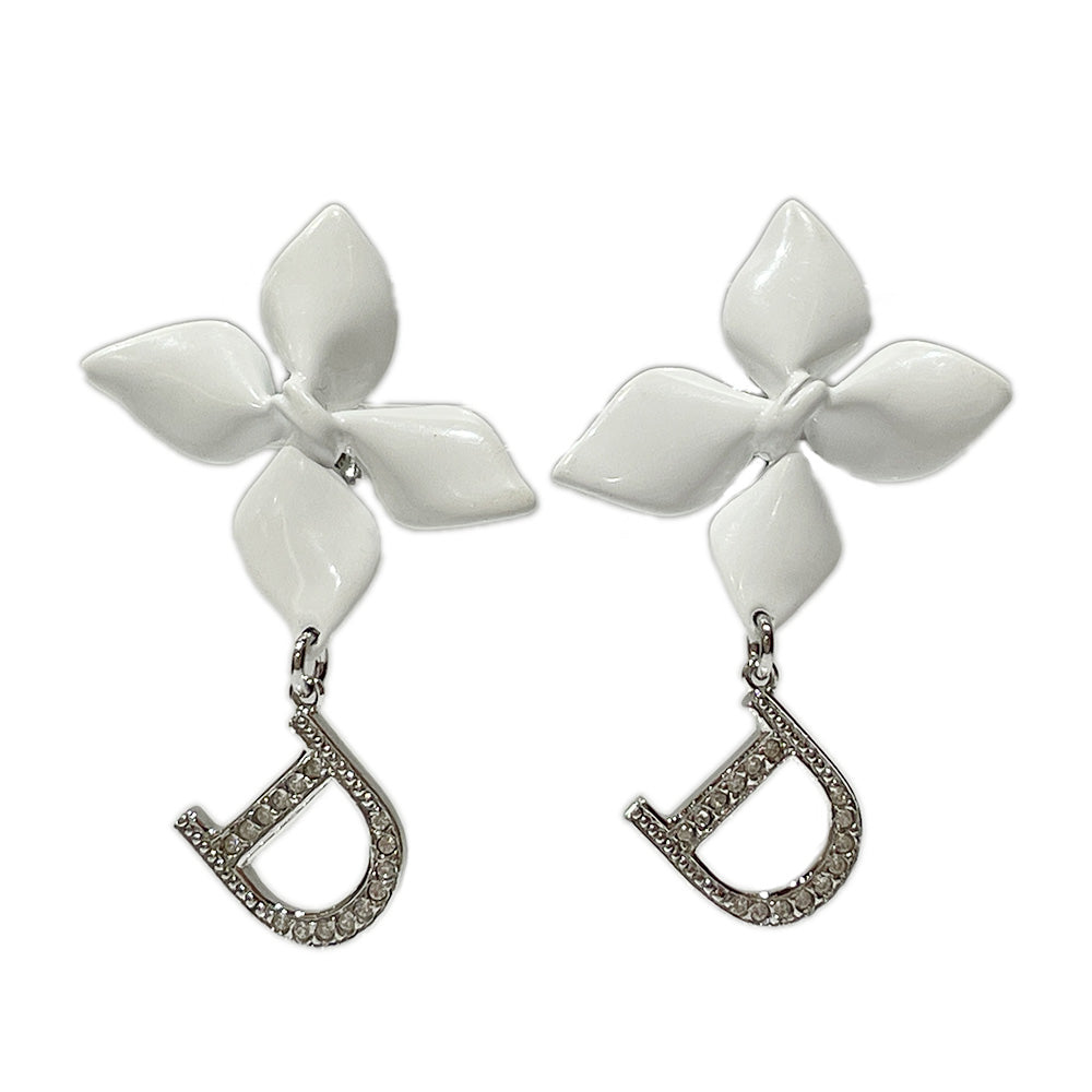 Christian Dior Flower Ribbon D Logo Rhinestone Drop Earrings Women's [Used AB] 20240310