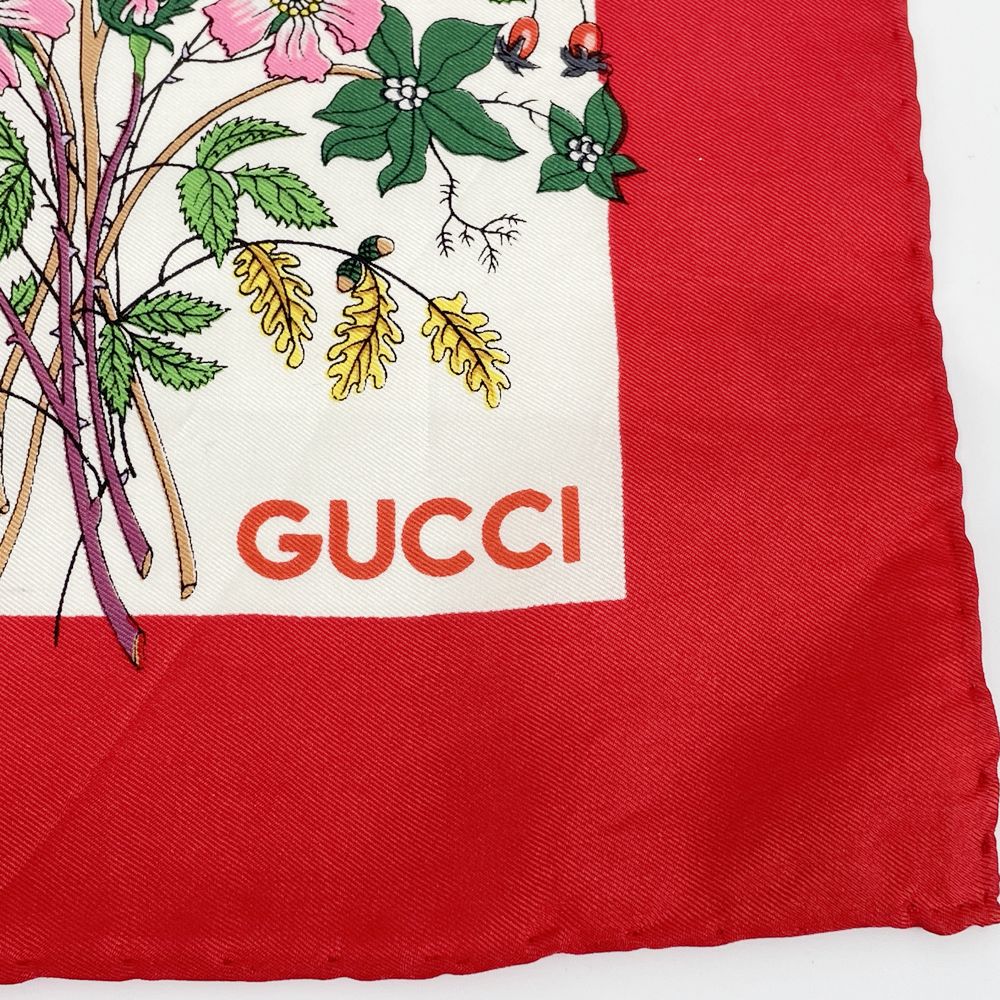 中古AB/使用感小】GUCCI グッチ 68cm×67cm フローラ 花柄 蜂 蝶 ユニセックス スカーフ レッド20460370