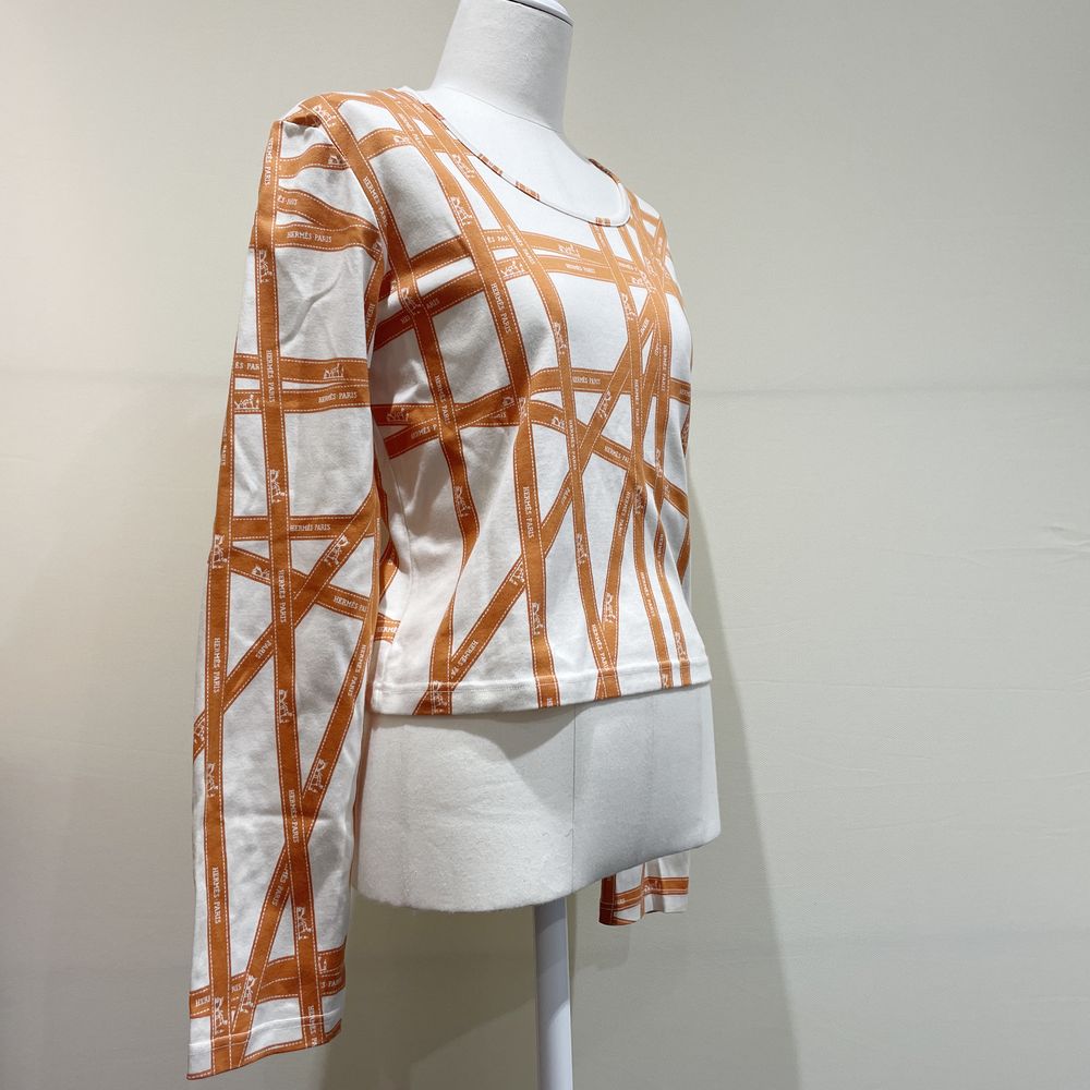 中古AB/使用感小】HERMES エルメス ボルデュック Lサイズ マルジェラ期 ロングTシャツ リボン柄 ロゴ レディース カットソー20460983