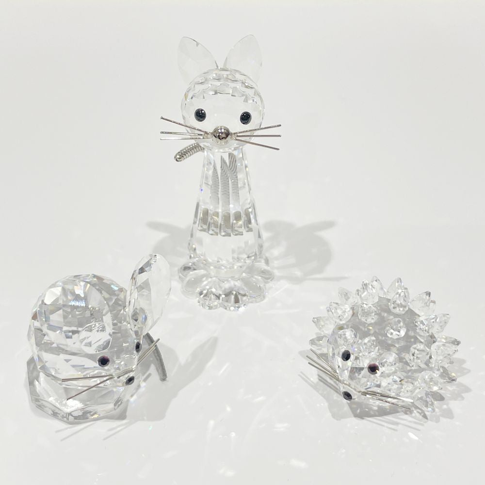 中古AB/使用感小】SWAROVSKI スワロフスキー 3体セット フィギュリン 置物 猫5cm ネズミ3cm ハリネズミ2cm クリスタル  ユニセックス フィギュア クリア20465542