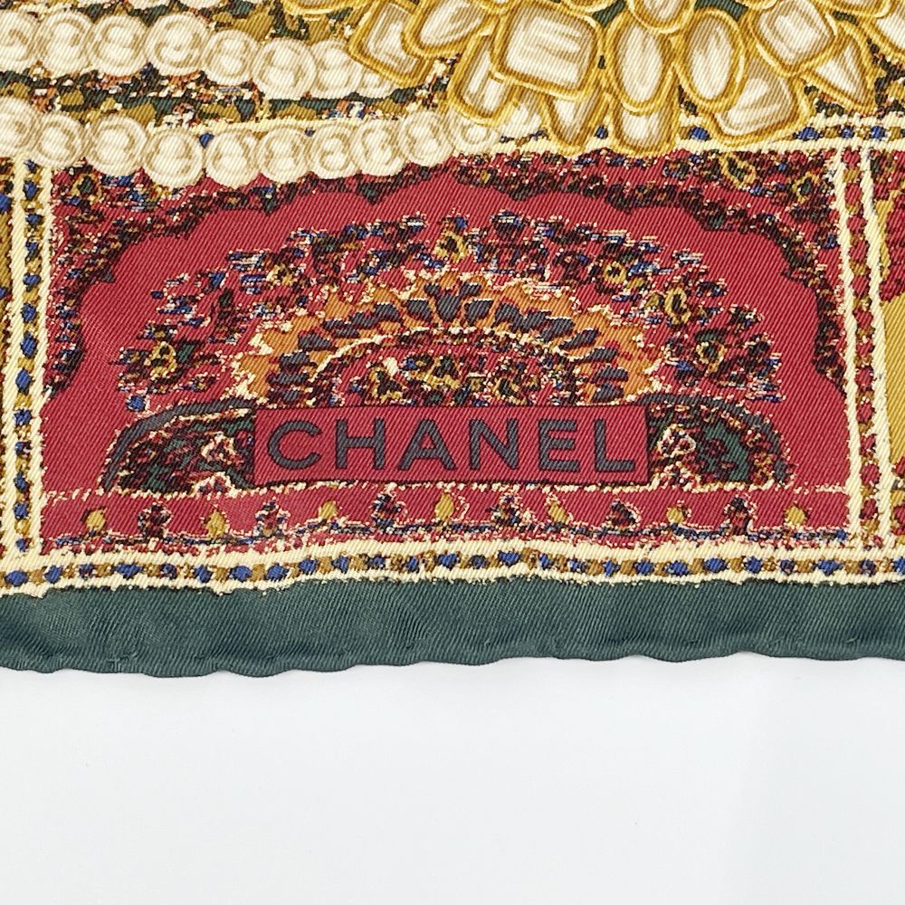 中古A/美品】CHANEL シャネル ヴィンテージ 98cm×97cm 大判 ペイズリー グリポア 宝石柄 タグ付き ユニセックス スカーフ  グリーン20468343