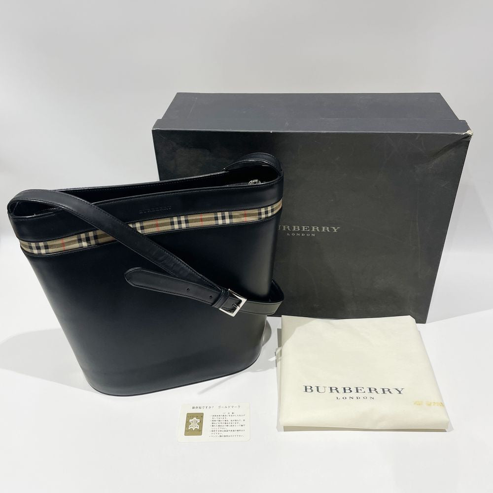 BURBERRY(バーバリー) ロゴ 一部チェック柄 バケツ型 斜め掛け ショルダーバッグ レザー レディース【中古B】20240518