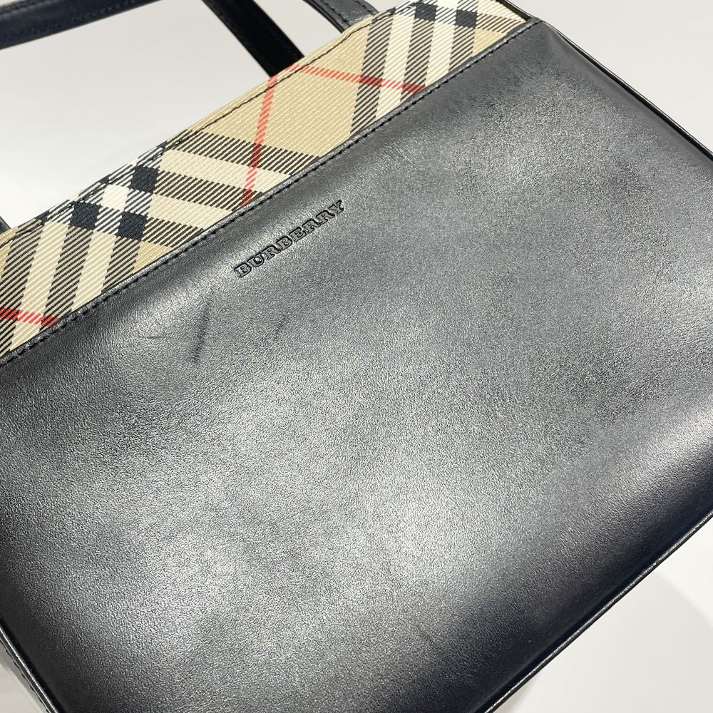 中古A/美品】BURBERRY バーバリー ロゴ 一部チェック柄 スクエア型 ミニ レディース ハンドバッグ ブラック20469092