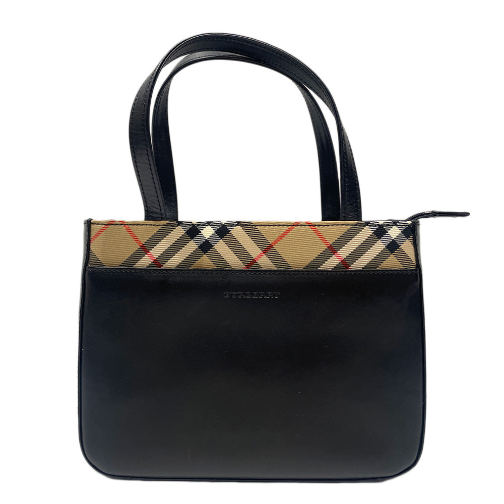 BURBERRY(バーバリー) ロゴ 一部チェック柄 スクエア型 ミニ ハンドバッグ レザー レディース【中古A】20240518