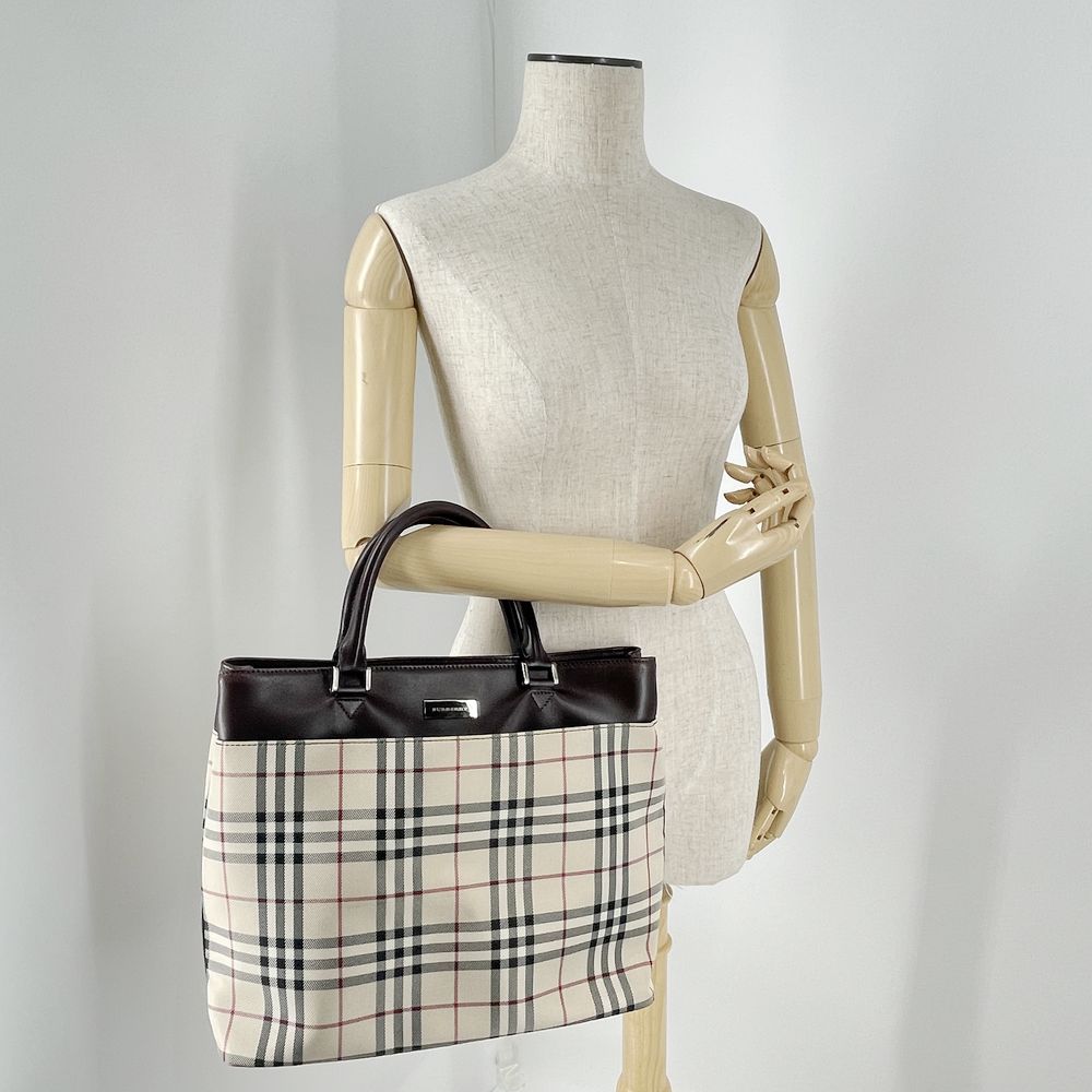 BURBERRY(バーバリー) ロゴ プレート チェック ハンドバッグ キャンバス/レザー レディース【中古AB】20240518