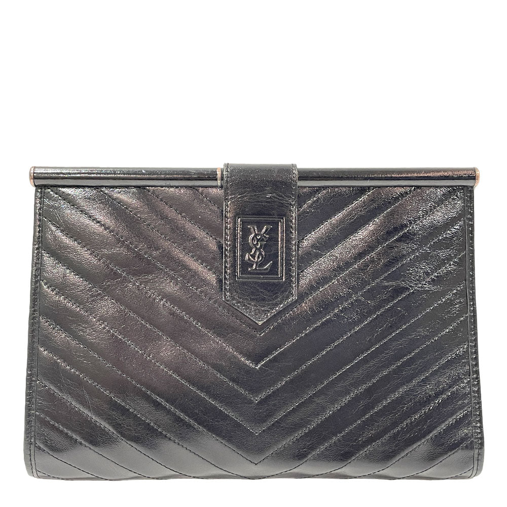 YVES SAINT LAURENT(イヴ・サンローラン) Vステッチ YSLロゴ ヴィンテージ クラッチバッグ レザー レディース【中古AB】20240526