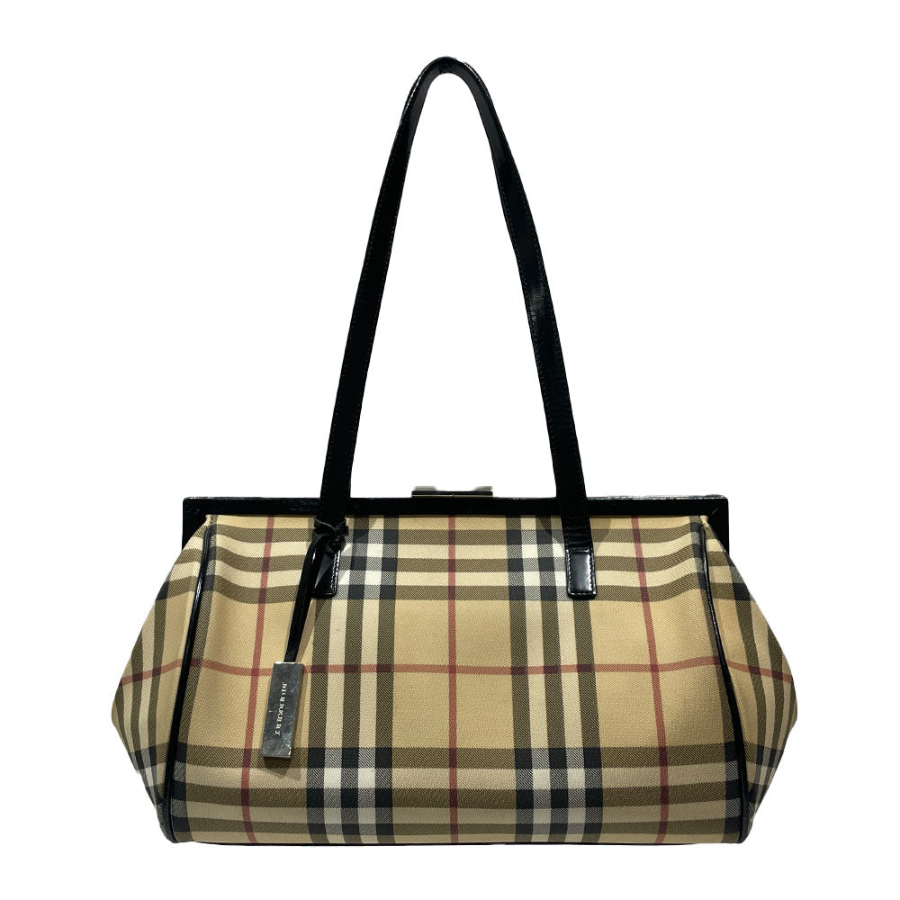 BURBERRY(バーバリー) ロゴ プレート チェック がま口 ハンドバッグ PVC/レザー レディース【中古B】20240608