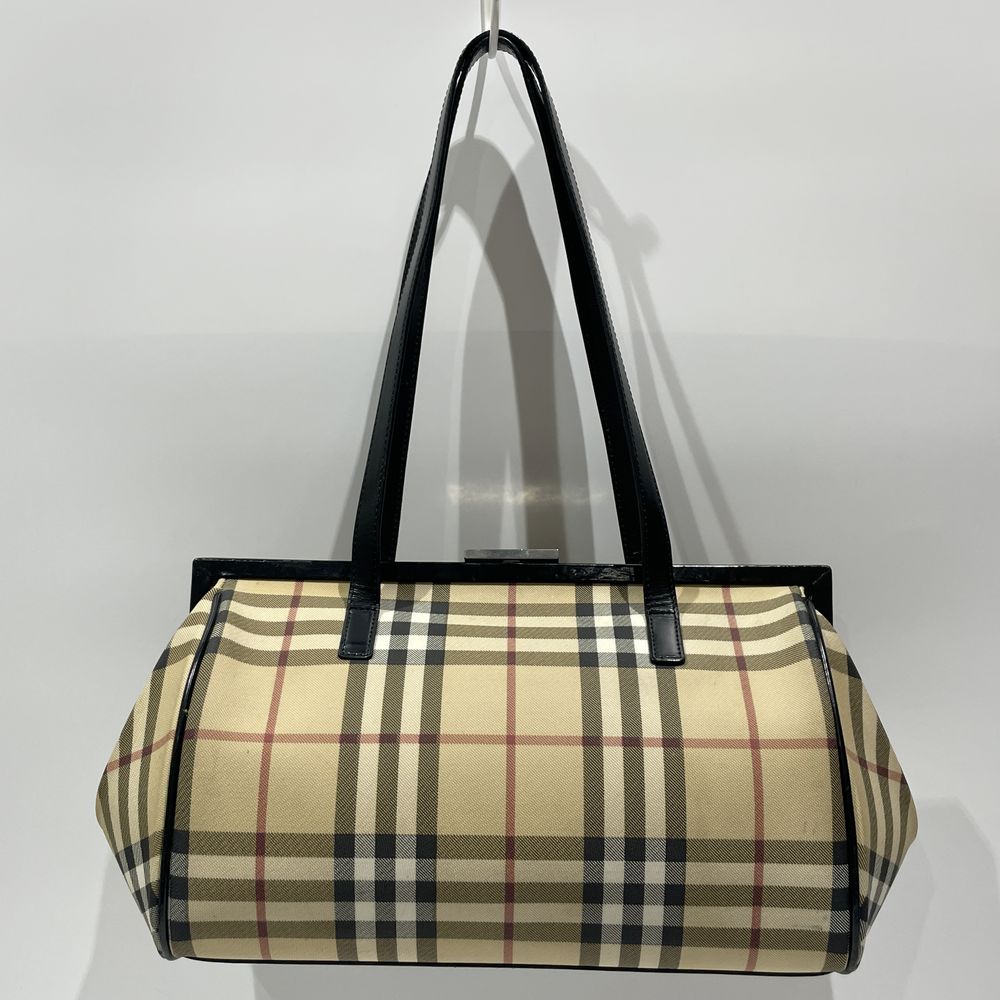 BURBERRY(バーバリー) ロゴ プレート チェック がま口 ハンドバッグ PVC/レザー レディース【中古B】20240608