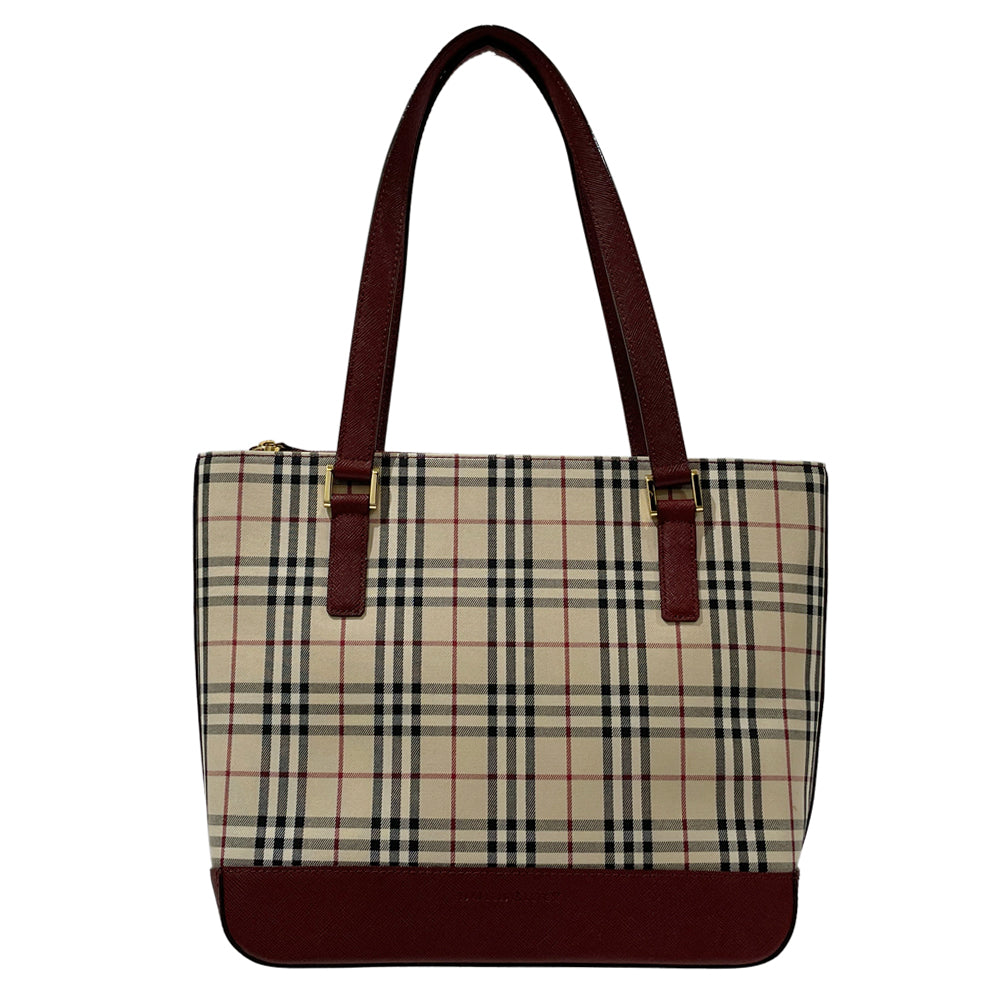 BURBERRY(バーバリー) ロゴ チェック トート 肩掛け ハンドバッグ キャンバス/レザー レディース【中古AB】20240630