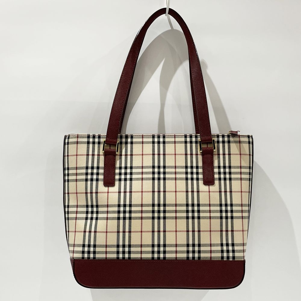 BURBERRY(バーバリー) ロゴ チェック トート 肩掛け ハンドバッグ キャンバス/レザー レディース【中古AB】20240630