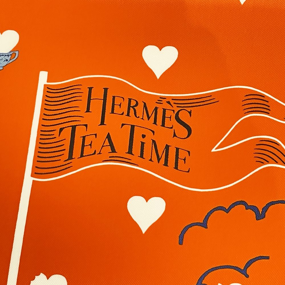 中古A/美品】HERMES エルメス カレ70 Tea Time ティータイム ハート ジョナサンバートン レディース スカーフ  オレンジ20476169