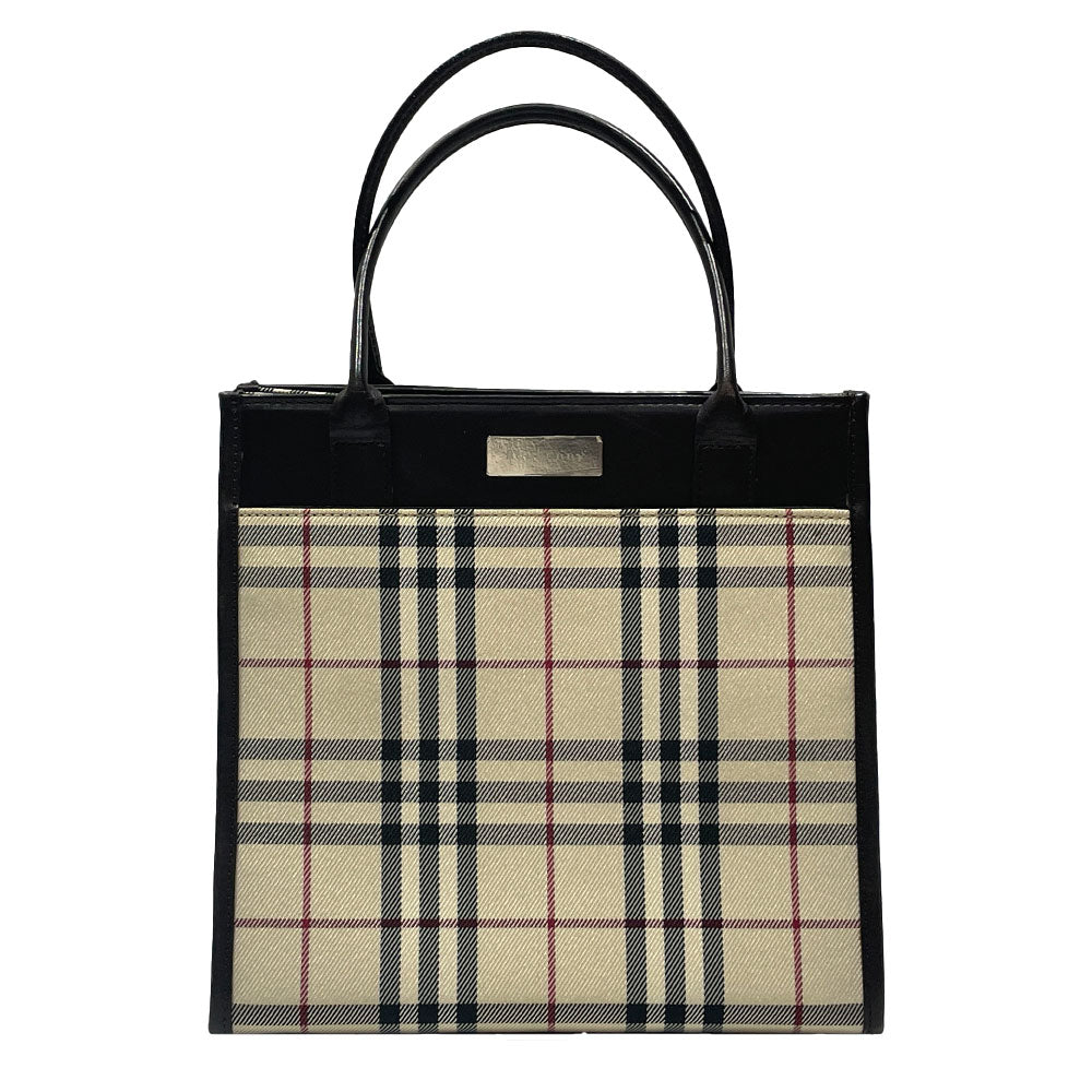 BURBERRY(バーバリー) ロゴ プレート チェック スクエア型 ミニ ヴィンテージ トートバッグ キャンバス/レザー レディース【中古AB】20240707