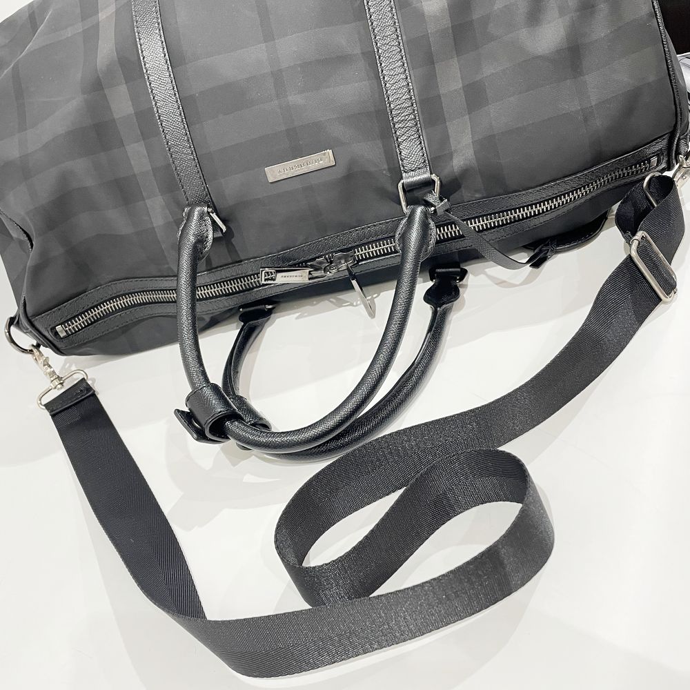 中古B/標準】BURBERRY バーバリー ロゴ プレート チェック 2WAY ユニセックス ボストンバッグ ブラック20480484