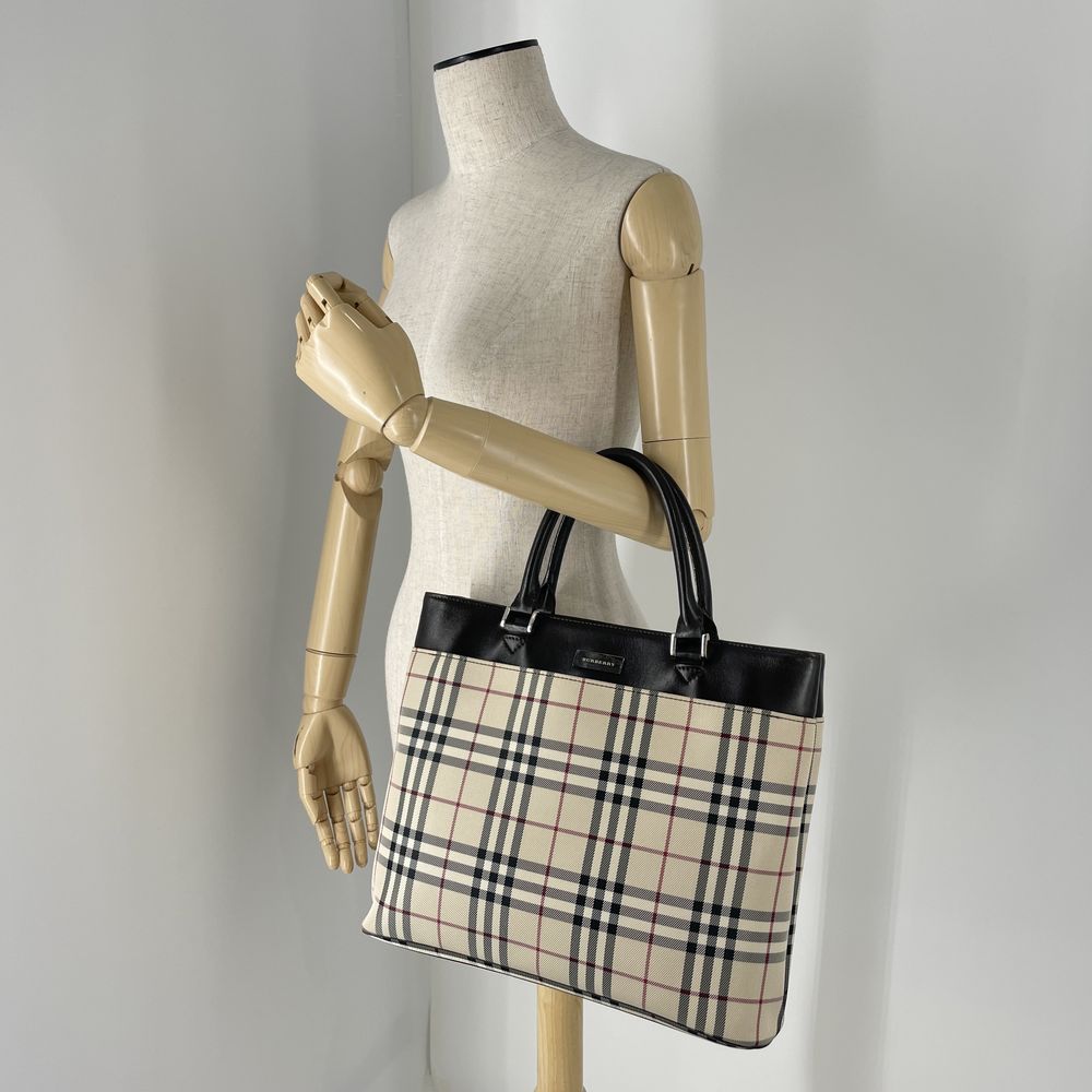 BURBERRY(バーバリー) ロゴ プレート チェック トートバッグ キャンバス/レザー レディース【中古B】20240713