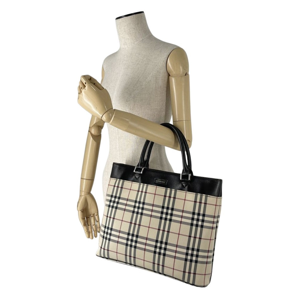 BURBERRY(バーバリー) ロゴ プレート チェック トートバッグ キャンバス/レザー レディース【中古B】20240713