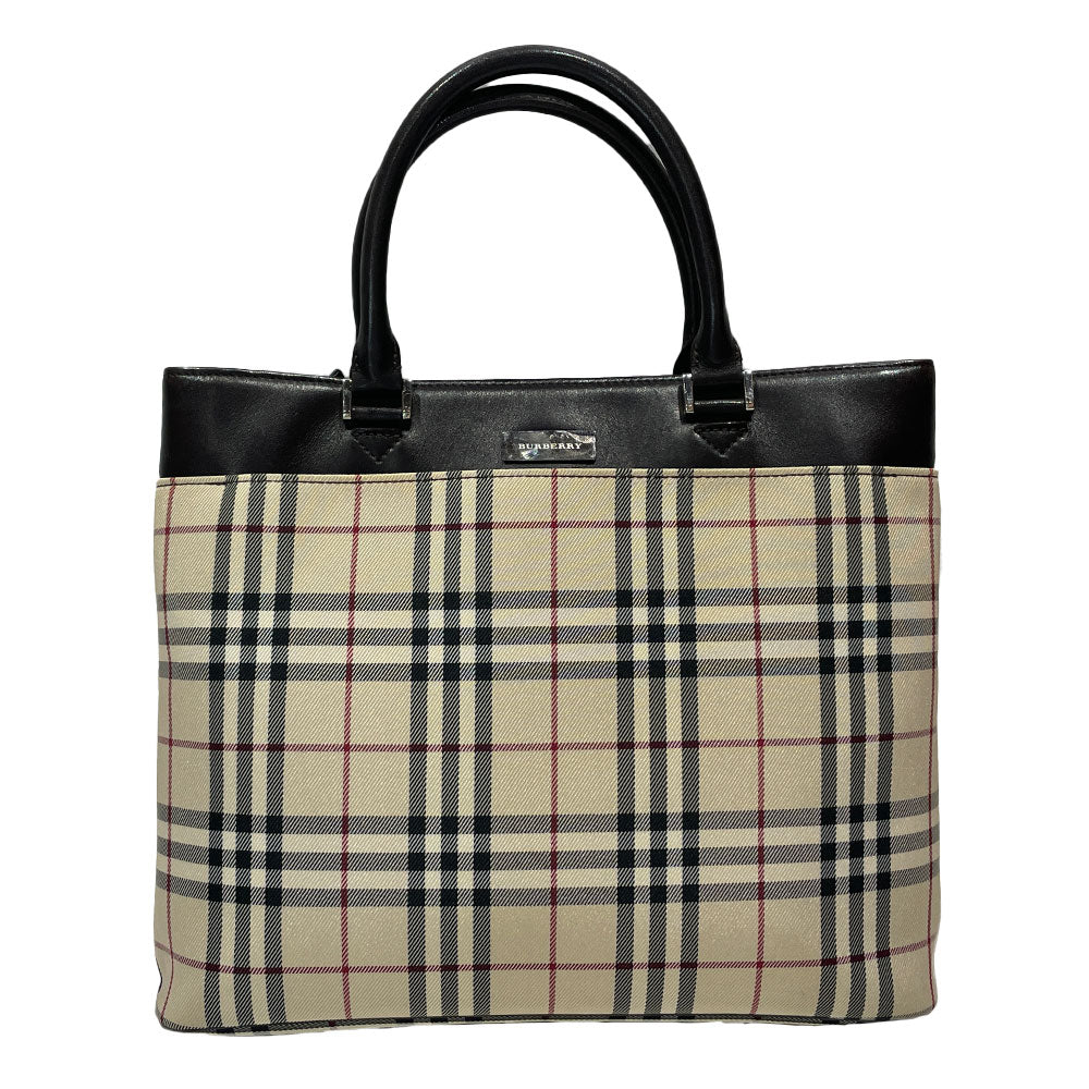 BURBERRY(バーバリー) ロゴ プレート チェック トートバッグ キャンバス/レザー レディース【中古B】20240713