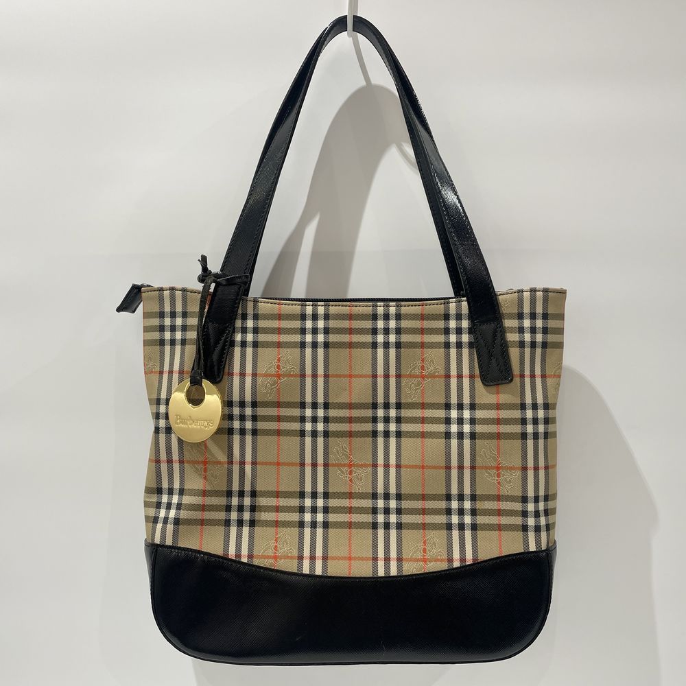 BURBERRY(バーバリー) ロゴ チェック チャーム付き ハンドバッグ キャンバス/レザー レディース【中古B】20240720