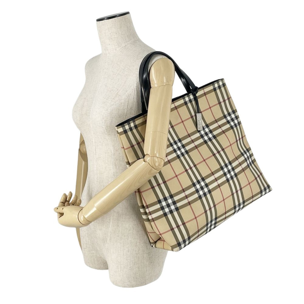 中古B/標準】BURBERRY バーバリー ロンドン チェック ロゴチャーム付き レディース トートバッグ ベージュ20485656