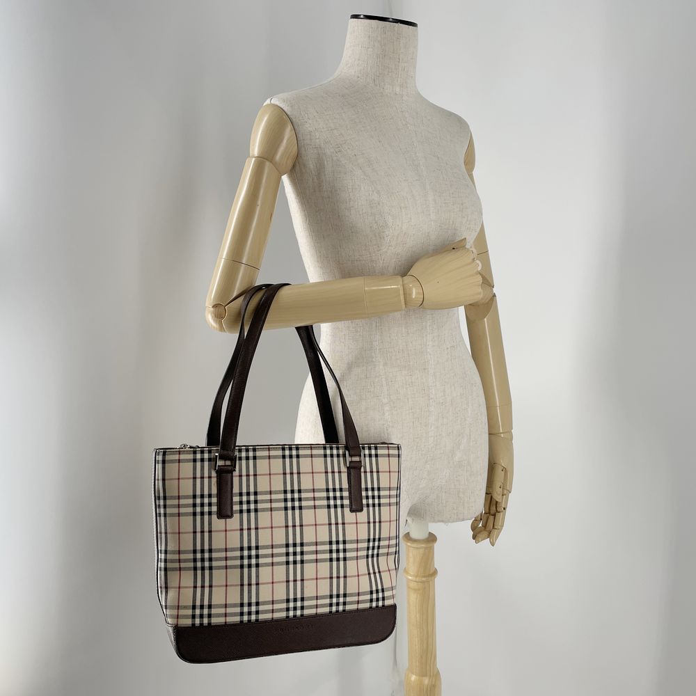 BURBERRY(バーバリー) ロゴ チェック トートバッグ キャンバス/レザー レディース【中古AB】20240824