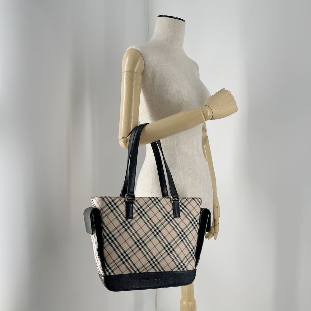 BURBERRY(バーバリー) ロゴ チェック サイドポケット トートバッグ キャンバス/レザー レディース【中古AB】20240824