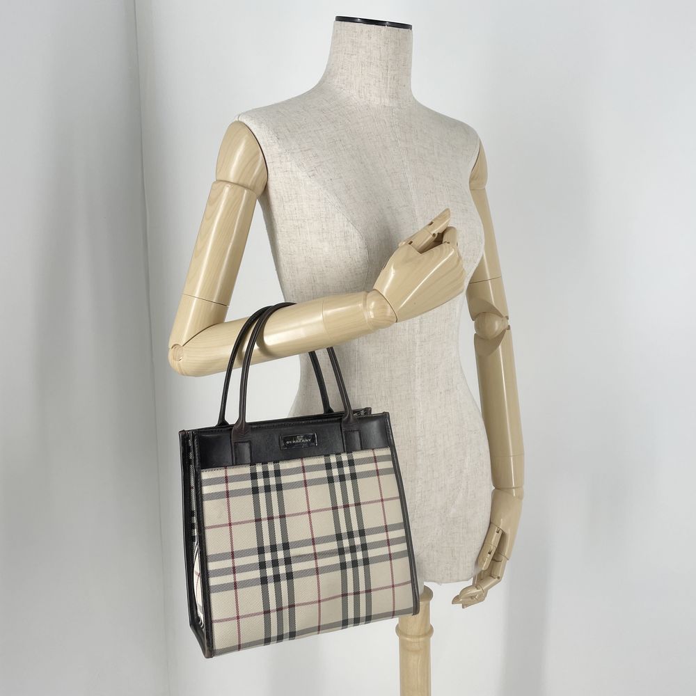 BURBERRY(バーバリー) ロゴ プレート チェック スクエア型 ミニ トートバッグ キャンバス/レザー レディース【中古B】20240825