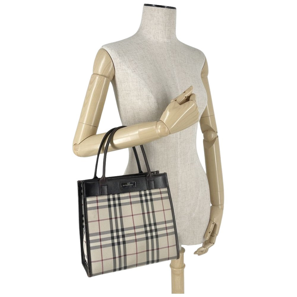 BURBERRY(バーバリー) ロゴ プレート チェック スクエア型 ミニ トートバッグ キャンバス/レザー レディース【中古B】20240825