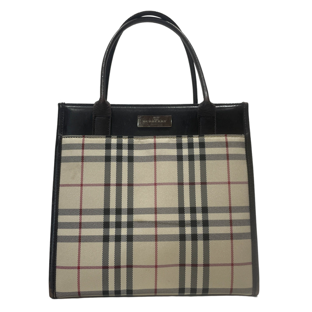 BURBERRY(バーバリー) ロゴ プレート チェック スクエア型 ミニ トートバッグ キャンバス/レザー レディース【中古B】20240825